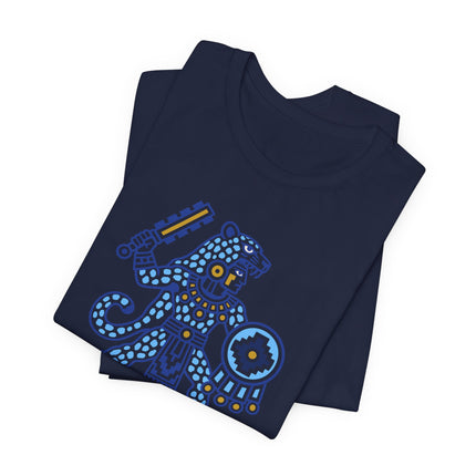 Aztec Jaguar Warrior T-Shirt | Blue and Gold Mesoamerican Graphic Tee