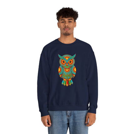 Vibrant Huichol Mexican folk art owl graphic on a navy sweatshirt.