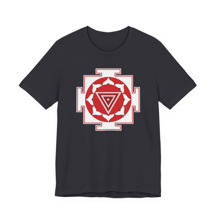 Red Kali Yantra sacred geometry symbol graphic on a black spiritual Hindu goddess tee.
