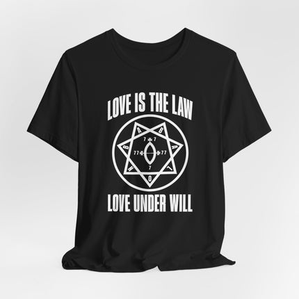 Black graphic tee featuring the Love Is The Law occult symbol and Thelema text.