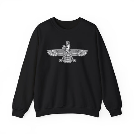 Faravahar winged Zoroastrian symbol graphic on a black pullover sweatshirt.