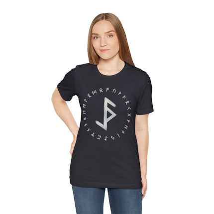 Black t-shirt featuring Norse runes and the protective Bind Rune symbol.