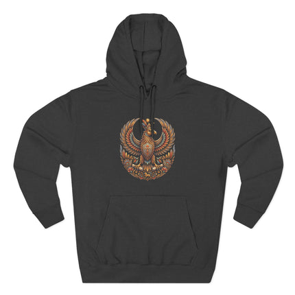Mythical Persian eagle graphic on black hoodie. Regal ancient culture art print.