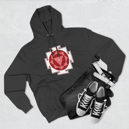 Black hoodie featuring a red Tara Yantra sacred geometry symbol. Spiritual goddess design.