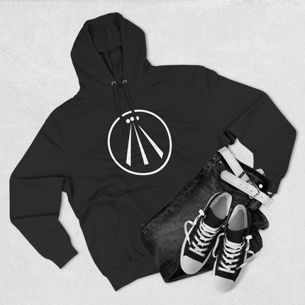 Black pullover hoodie featuring the minimalist white Awen Celtic symbol graphic.