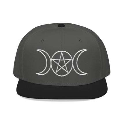 Triple moon and pentagram embroidered snapback cap for pagan or wiccan style.