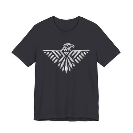 Black tee with geometric Thunderbird design, featuring tribal eagle wings.