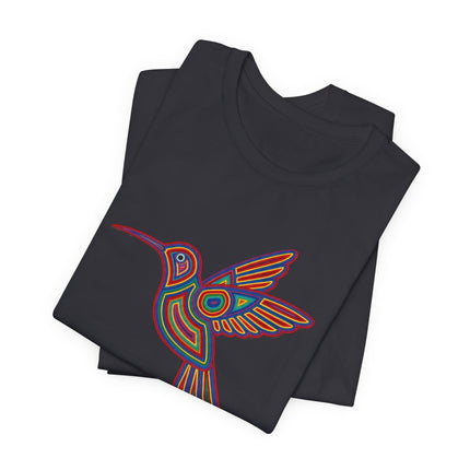 Vibrant Huichol hummingbird graphic tee featuring Mexican folk art and colorful geometric patterns.