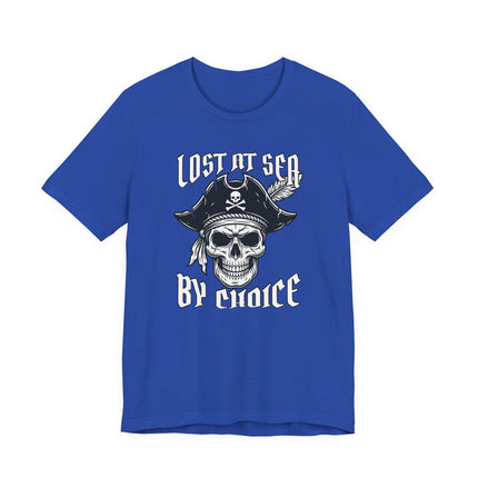 Pirate skull graphic tee featuring "Lost At Sea By Choice" nautical text.