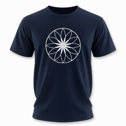 Unisex navy tee with white sacred geometry lotus mandala print.