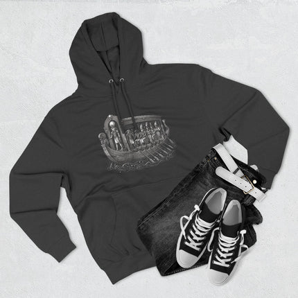 Black hoodie featuring an ancient Egyptian solar barge illustration of Ra's boat.