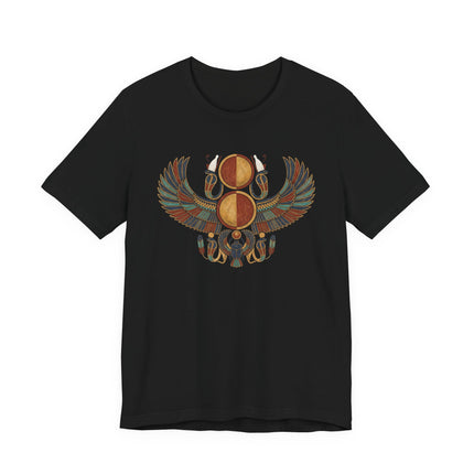 Ancient Egyptian winged scarab and sun disk graphic tee on a black t-shirt.