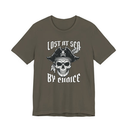 Nautical pirate skull graphic t-shirt reading "Lost At Sea By Choice.