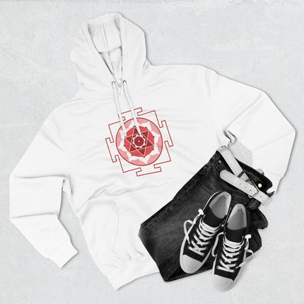 Kamala Yantra sacred geometry symbol printed on a white unisex hoodie. Hindu spiritual art design.
