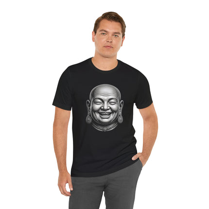 Zen laughing Buddha head illustration graphic on a black unisex t-shirt.