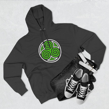 Green Celtic triskelion triple spiral symbol graphic on a black pullover hoodie.