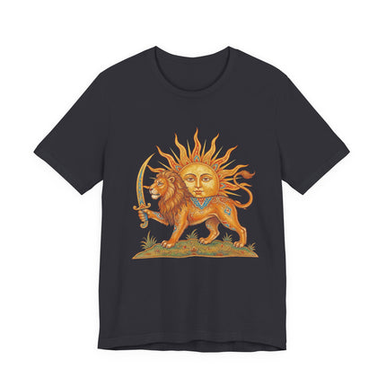 Shir-o-Khorshid Lion and Sun symbol graphic on a dark t-shirt, representing Persian heritage.
