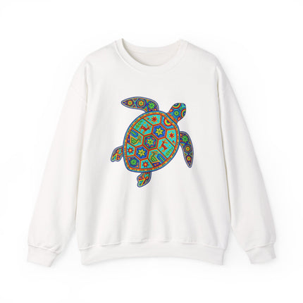 White sweatshirt with vibrant geometric turtle graphic, inspired by Mexican Huichol folk art.