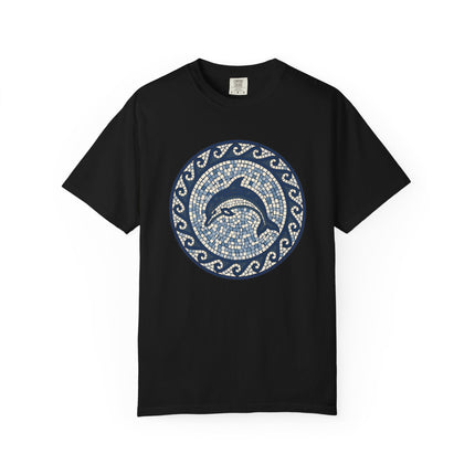 Dolphin Mosaic Art T-Shirt | Blue Marine Sea Life Greek Key Design