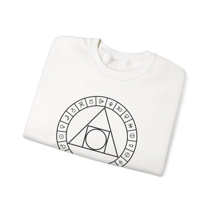 Philosopher's Stone alchemy symbols on a sacred geometry unisex pullover sweatshirt.
