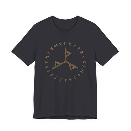 Black tee with Power Bind Rune and Elder Futhark runes for Norse mythology apparel.