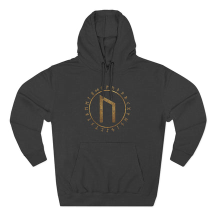 Black hoodie featuring the Uruz rune and Elder Futhark Norse alphabet in gold.