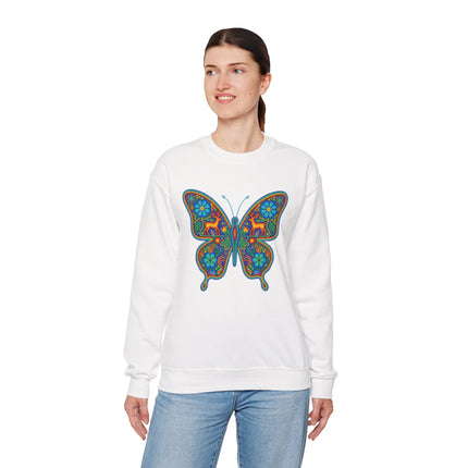 Vibrant Mexican folk art butterfly graphic on a white unisex sweatshirt.
