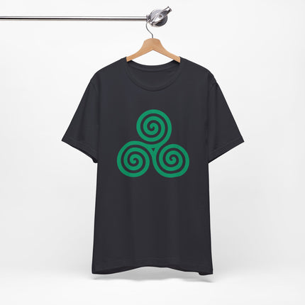 Celtic triskele triple spiral design on a black t-shirt.
