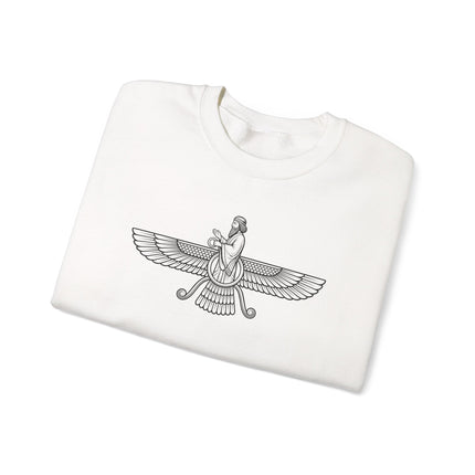 Faravahar winged symbol graphic printed on a unisex sweatshirt, representing Zoroastrian Persian culture.