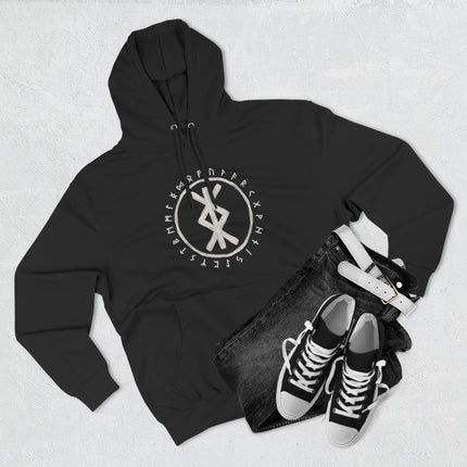 Black streetwear hoodie featuring the Bind Rune and Viking Futhark alphabet. Norse mythology apparel.