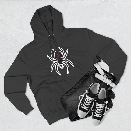 Black hoodie featuring a white black widow spider graphic for gothic streetwear style.