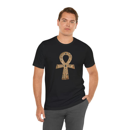 Black t-shirt featuring a detailed hieroglyphic Ankh symbol, the ancient Egyptian Key of Life.