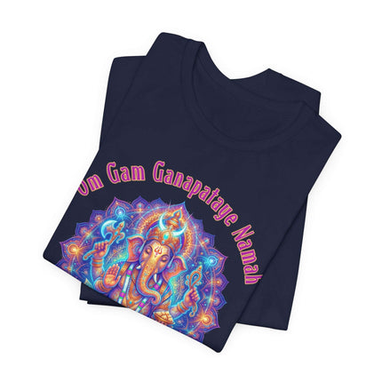 Psychedelic Ganesha mandala t-shirt featuring the Om Gam Ganapataye Namah mantra.