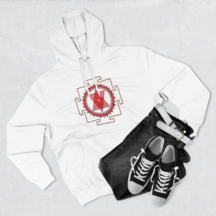 Tripura Sundari Yantra sacred geometry design on a white spiritual pullover hoodie.