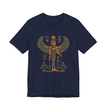 Isis Egyptian goddess graphic tee featuring wings, sun disk, and ancient mythology symbols.