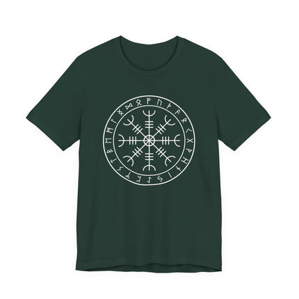 Viking runes and Aegishjalmur symbol graphic tee for Norse mythology fans.