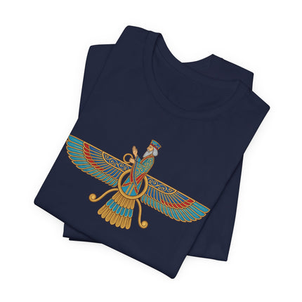 Colorful Faravahar winged symbol graphic on a dark blue t-shirt.