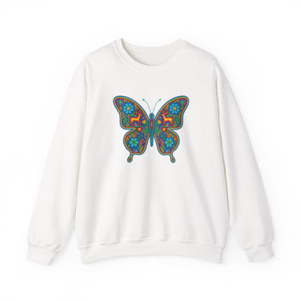 Vibrant Huichol butterfly folk art design on a colorful Mexican style pullover sweatshirt.