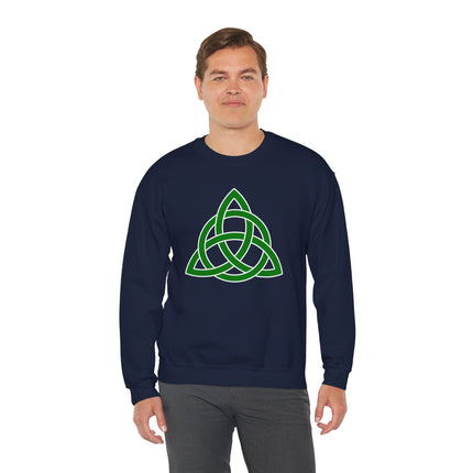Navy sweatshirt featuring a green Celtic Triquetra knot design.