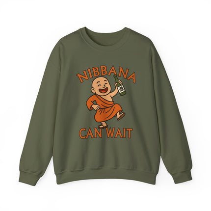 Cartoon monk drinking a can on a sweatshirt, featuring the phrase Nibbana Can Wait.