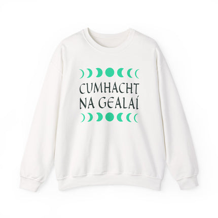 Cumhacht Na Gealáí moon phase graphic sweatshirt. Irish spiritual gifts apparel.