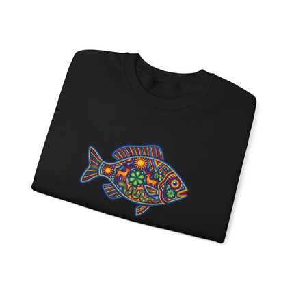 Colorful Huichol folk art fish design on a pullover sweatshirt.