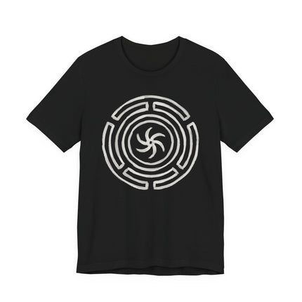 Hekate's Wheel Strophalos symbol on black tee. Greek goddess witchcraft and pagan mythology apparel.