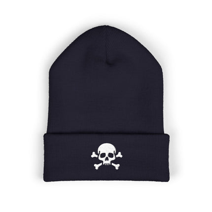 Skull and Crossbones Embroidered Cuffed Beanie with White Pirate Motif