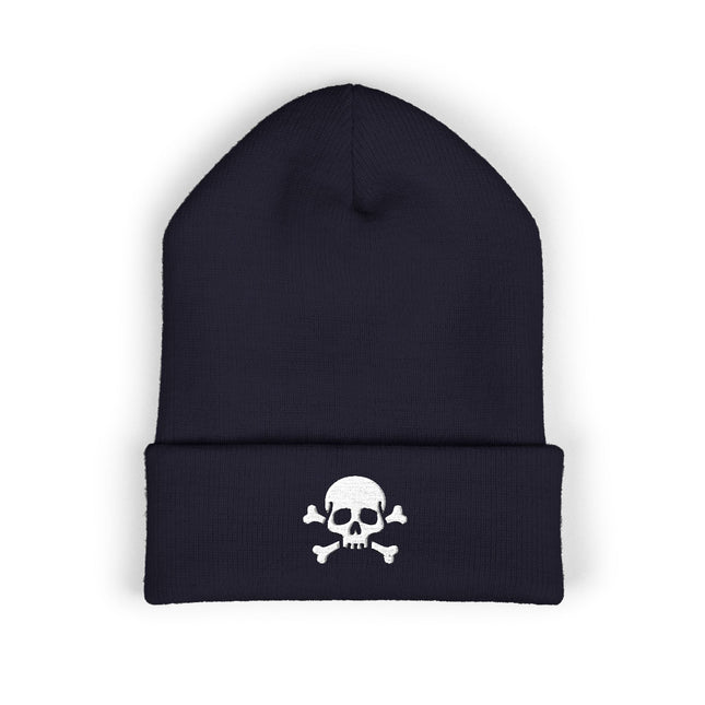 Skull and Crossbones Embroidered Cuffed Beanie with White Pirate Motif