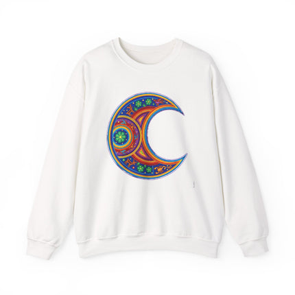 Vibrant Huichol art crescent moon graphic on a white pullover sweatshirt.