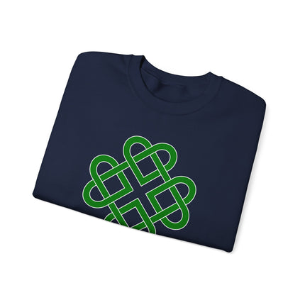Green sweatshirt with a celtic knot heart and clover symbolic graphic print.