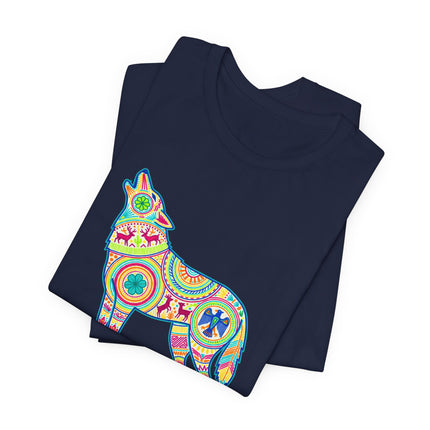 Colorful geometric wolf graphic tee inspired by Huichol and Mexican folk art.