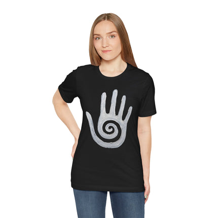 Native American Hopi healing hand spiral symbol on black unisex t-shirt.