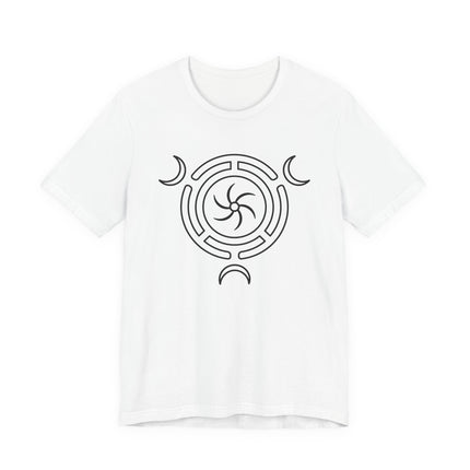 Triple Goddess Moon Wheel symbol graphic tee featuring Hecate's witchcraft design.